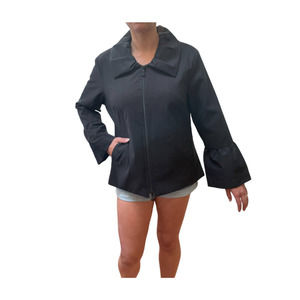 Samuel Dong Ruffle Collar Bell Sleeve Zip Jacket Coat